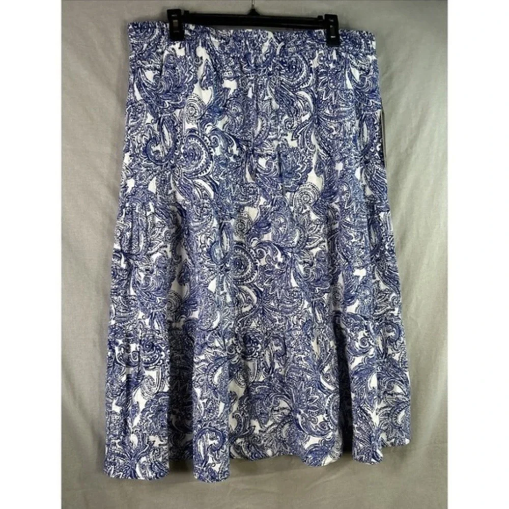 Jones New York Large Blue White Paisley Linen Blend‎ Tiered Midi Skirt